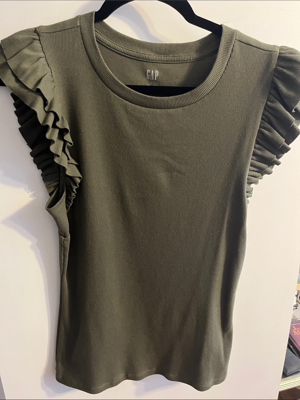 GAP Olive Green Ruffle Sleeve Ribbed Tank Top